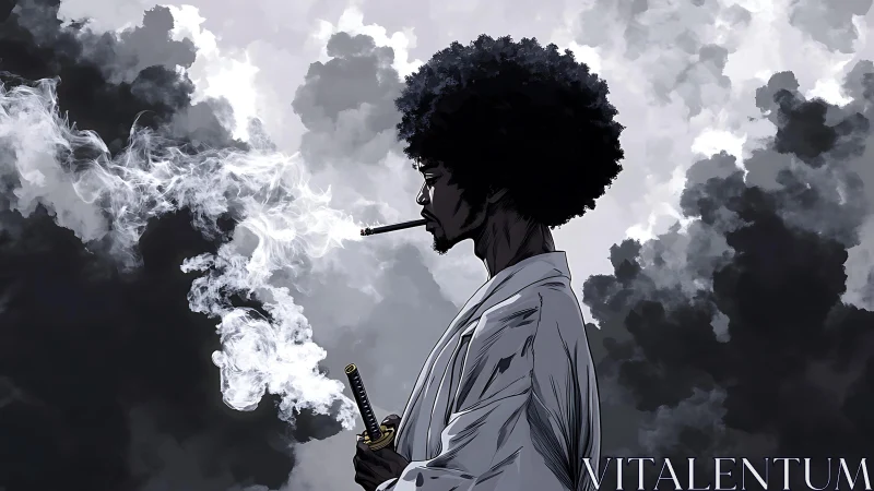 Afro samurai exhales drifting smoke amid storm clouds.