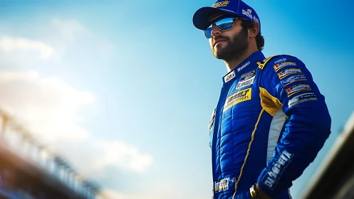 Photorealistic racing portrait in dynamic low-angle composition.