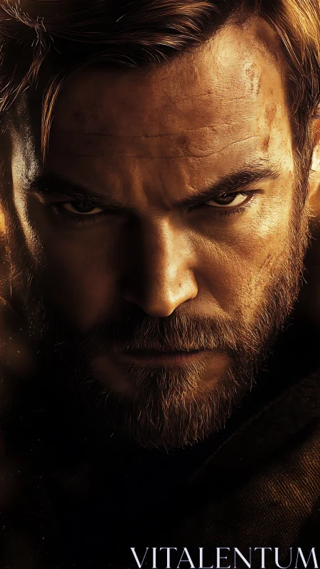 Cinematic close-up portrait renders intense, battle-worn gaze