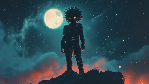 Backlit anime hero silhouetted against lunar night sky.