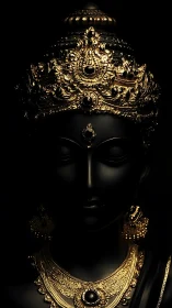 Radiant golden goddess statue glows softly in deep shadow