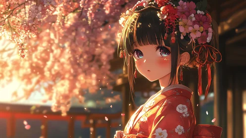 Gentle girl in kimono under softly glowing cherry blossoms.