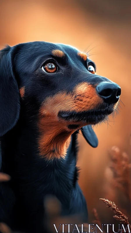 Short-haired black and tan dog is shown in close-up profile
