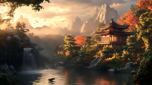 Autumn pagoda dreams beside a misty waterfall at sunrise.