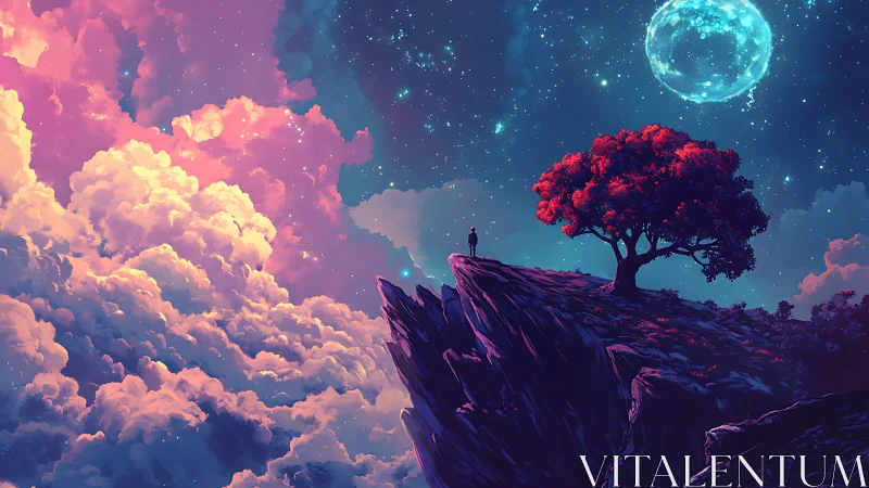 Solitary figure stands on vivid cliff beneath glowing moon