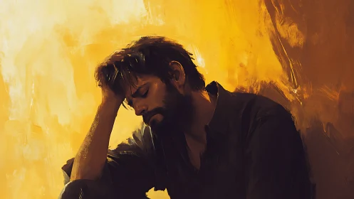 Solitary man bows under heavy thoughts in golden light.