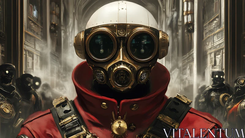 Cyberpunk gasmask officer in industrial corridor environment.