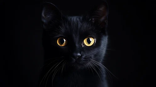 High-contrast portrait of black feline with golden-amber ocular highlights against achromatic backgr