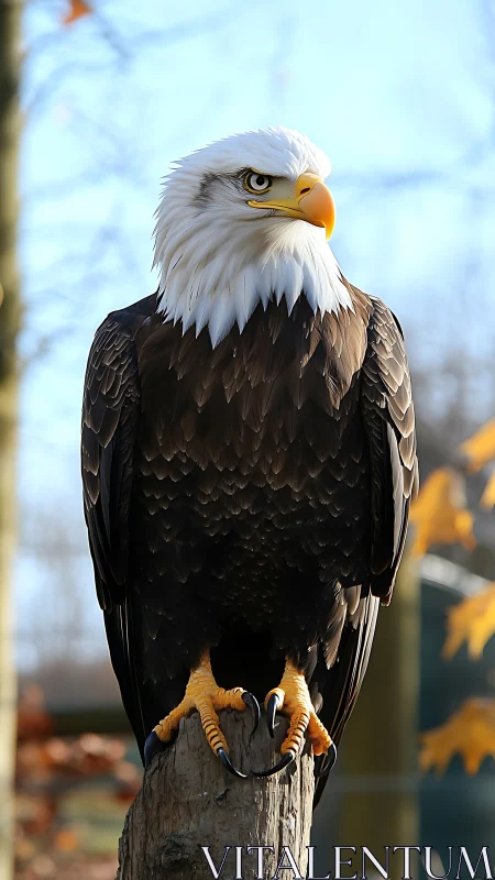 Photorealistic bald eagle portrait on vertical perch in daylight.