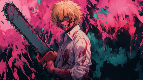 Bloodstained chainsaw wielder stands before abstract backdrop