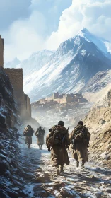 Soldiers traverse a narrow mountain pass toward a distant village