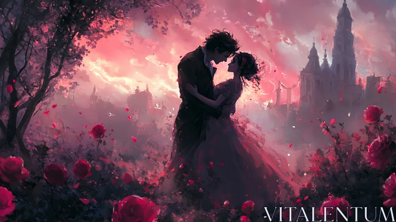 Silhouetted figures embracing amid flowering landscape, gothic architecture.