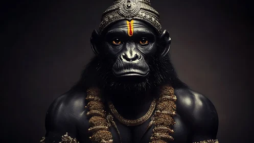Regal gorilla deity in ornate golden ceremonial jewelry.