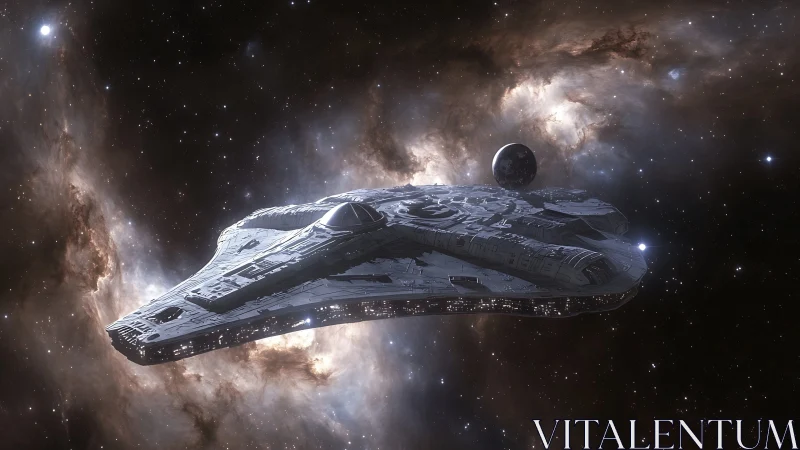 Detailed starship cruising through dense galactic nebula.