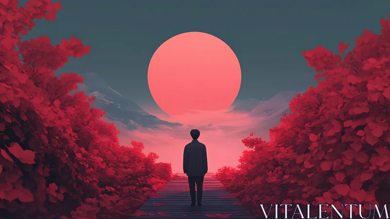 Dreamy red sunrise path welcoming a quiet wanderer.