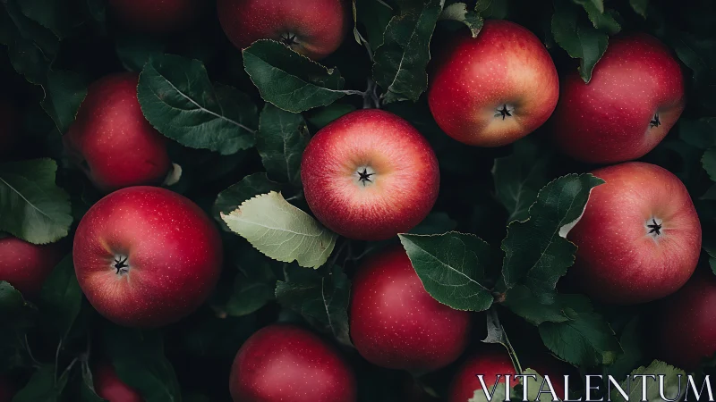 Photorealistic still life of ripe red apples in dense foliage.