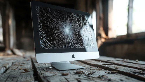 Shattered iMac screen crowns a dusty, timeworn workbench.