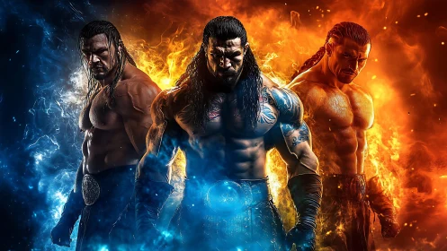 Digital painting triptych of heroic fighters in fire and ice.