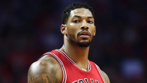 Basketball player in red jersey on court, focused expression.