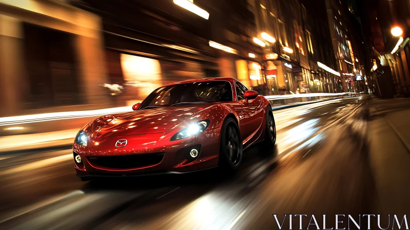Sleek red sports car gliding through glowing city streets.