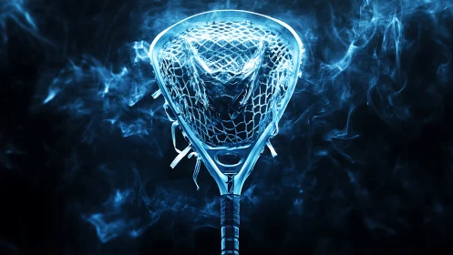 Electric blue lacrosse stick stands boldly in swirling smoke