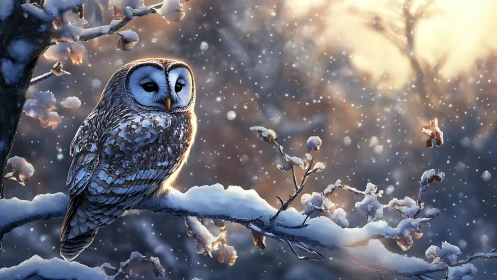 Barred owl perched on snowy branch in serene winter forest scene.