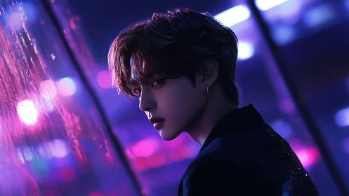 Moody neon portrait beside rain streaked city window at night.