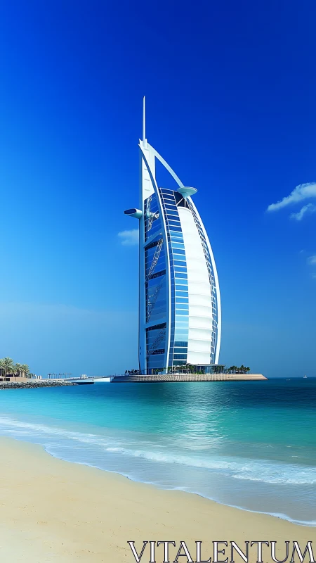 Modern sail-shaped hotel tower on Dubai beachfront skyline.