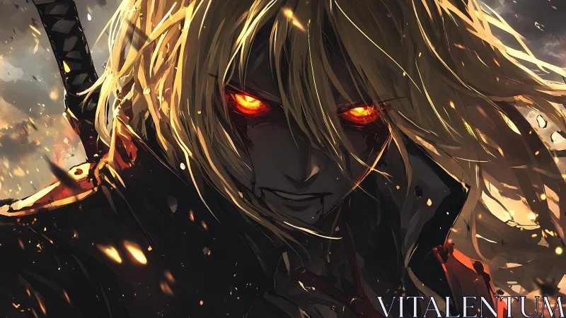 Volcanic-eyed swordsman in incandescent anime combustion frame.