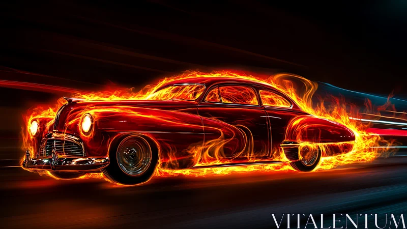 Vintage Hot Rod Engulfed in Fiery Neon Flames.