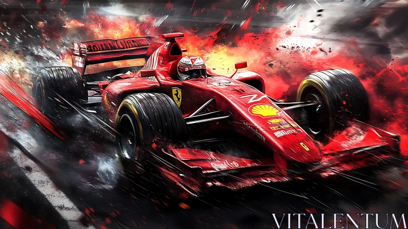 Red racing thunderstorm bursts across a fiery street circuit.