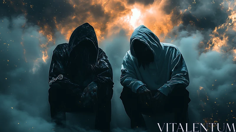 Hooded figures resting in a storm of fire and mist.