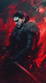 Brooding warrior stands before crimson storm of fire and fate