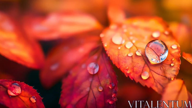 Macro examination of autumn leaf surfaces with refractive droplets.