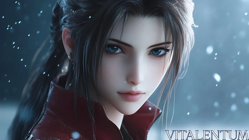 Digital portrait of blue-eyed woman in cinematic winter light