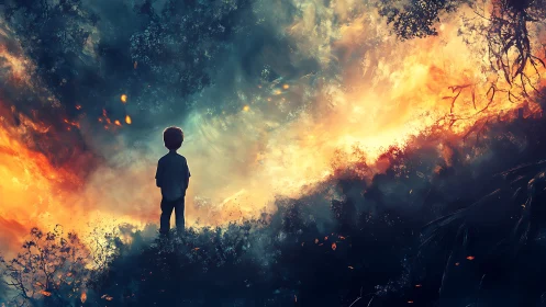 Child silhouette standing amid apocalyptic fire and devastation.