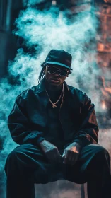 Moody urban portrait uses teal-orange smoke and low-key lighting