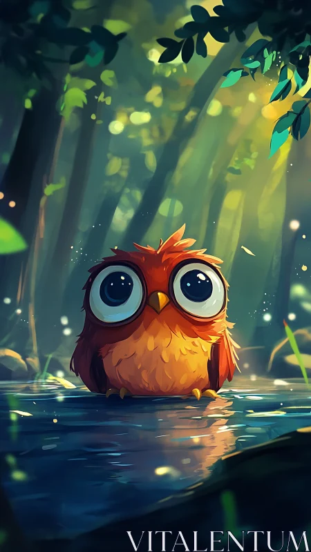 Wide eyed forest owl enjoying a quiet woodland pond.