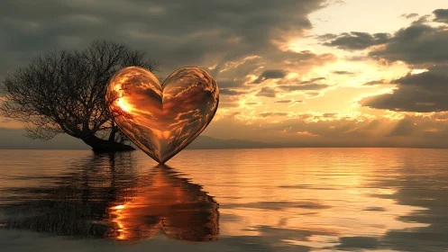 Golden Heart Meets Sunset Over Tranquil Waters.