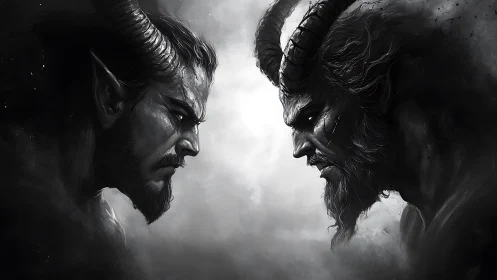 Horned humanoid warriors in monochrome face to face. Period.