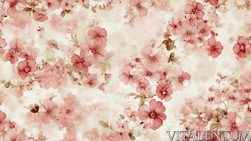Pink and cream floral pattern with distributed botanical elements across neutral background