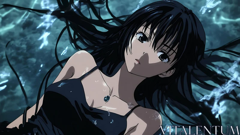 Moonlit water girl adrift in velvet-blue night silence.