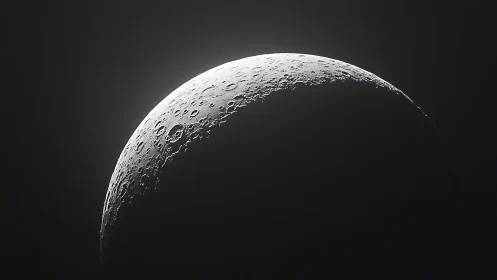Crescent moon surface reveals sharp cratered relief in shadow