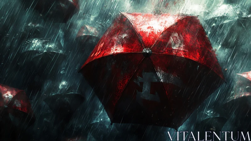 Stormlit red umbrellas drifting through a dramatic downpour.