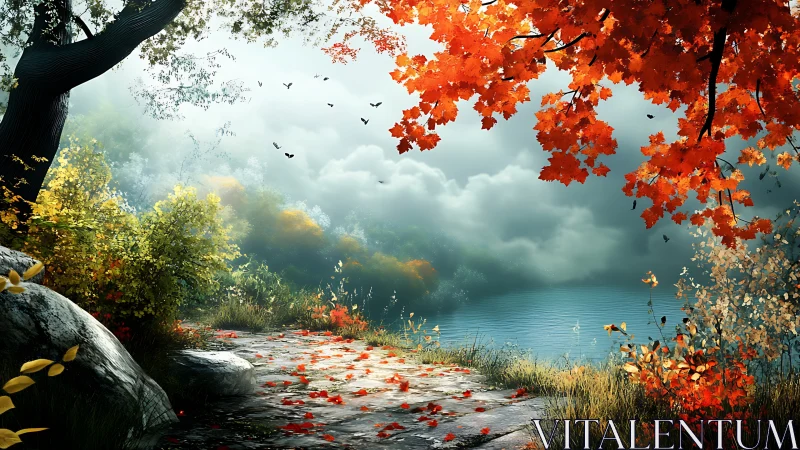 Autumn lakeside path under vibrant foliage in digital painting
