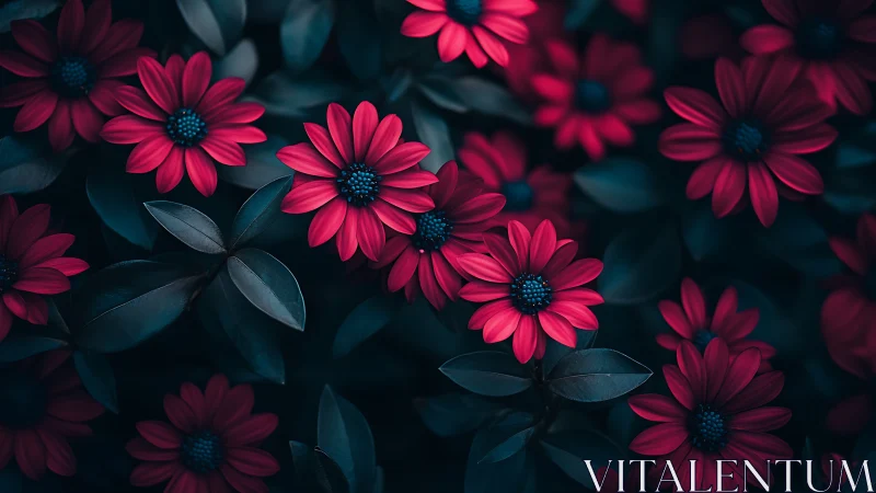Vibrant Daisy Blooms Against Dark Moody Background.