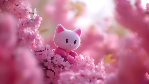 Pink toy cat among dense cherry blossoms in soft focus.