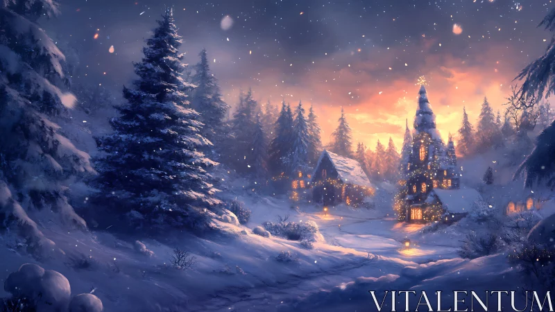 Snow covered forest village with illuminated winter cottages.