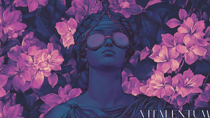 Neon-lit blindfolded statue amid dense magenta floral backdrop