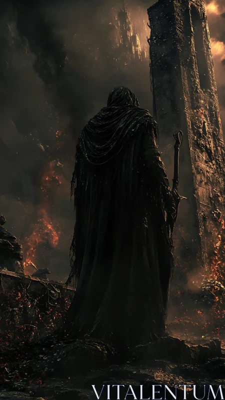 Dark robed warlock surveys burning citadel in ash clouds.